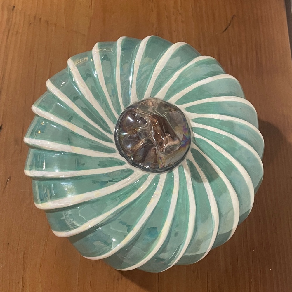 🌼 Striped Teal Ceramic Pumpkin Decor - Picture 2 of 6